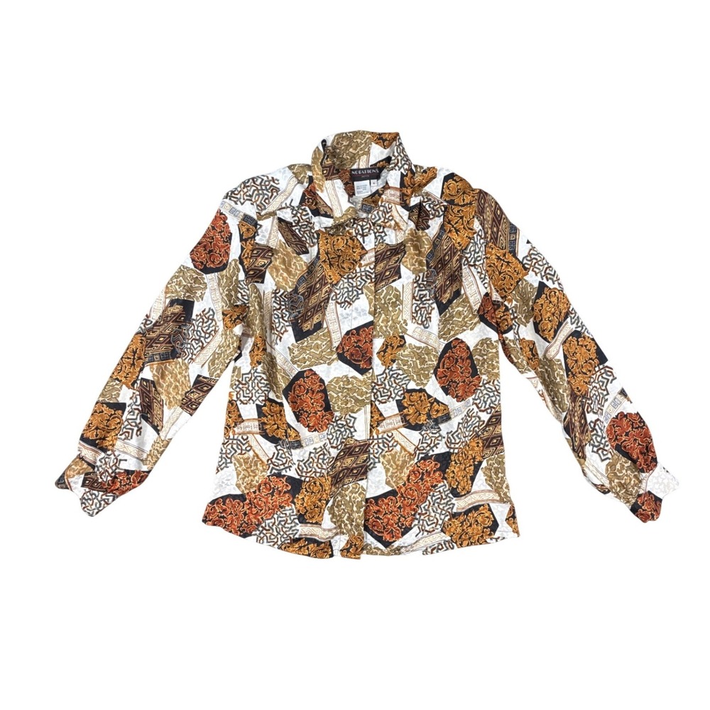 Vintage Notations Petite Baroque Geometric‎ Secretary Blouse Gold Rust Black 8P